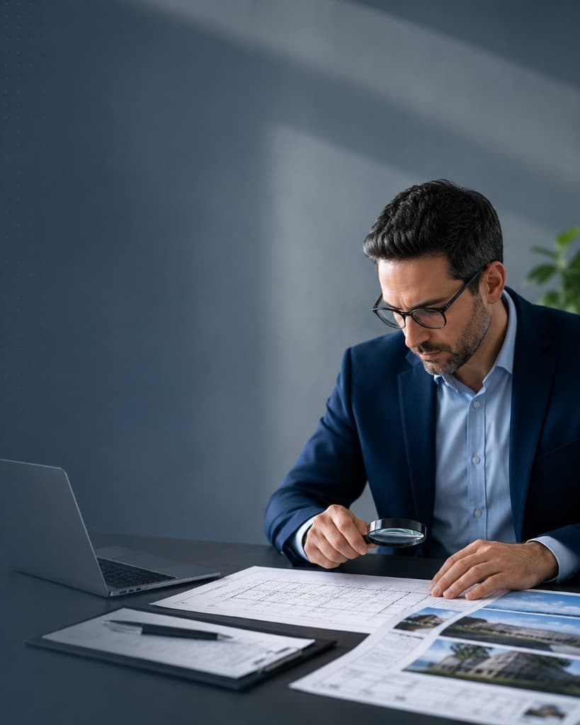 Perito profesional examinando documentos técnicos y planos con una lupa en su escritorio de trabajo.